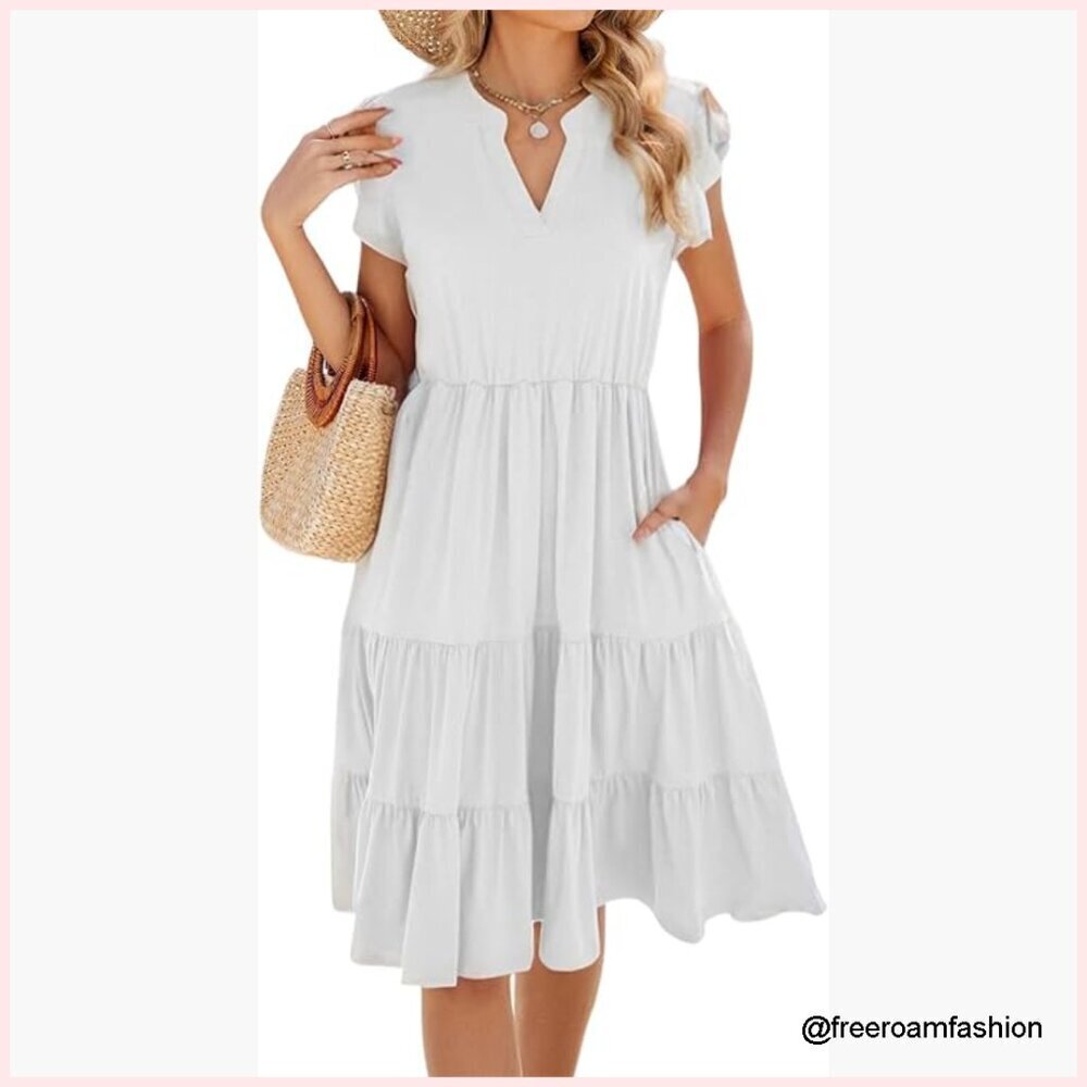 Ruffle Sleeve V-Neck Midi Dress A-Line Flowy Tiered Boho Casual